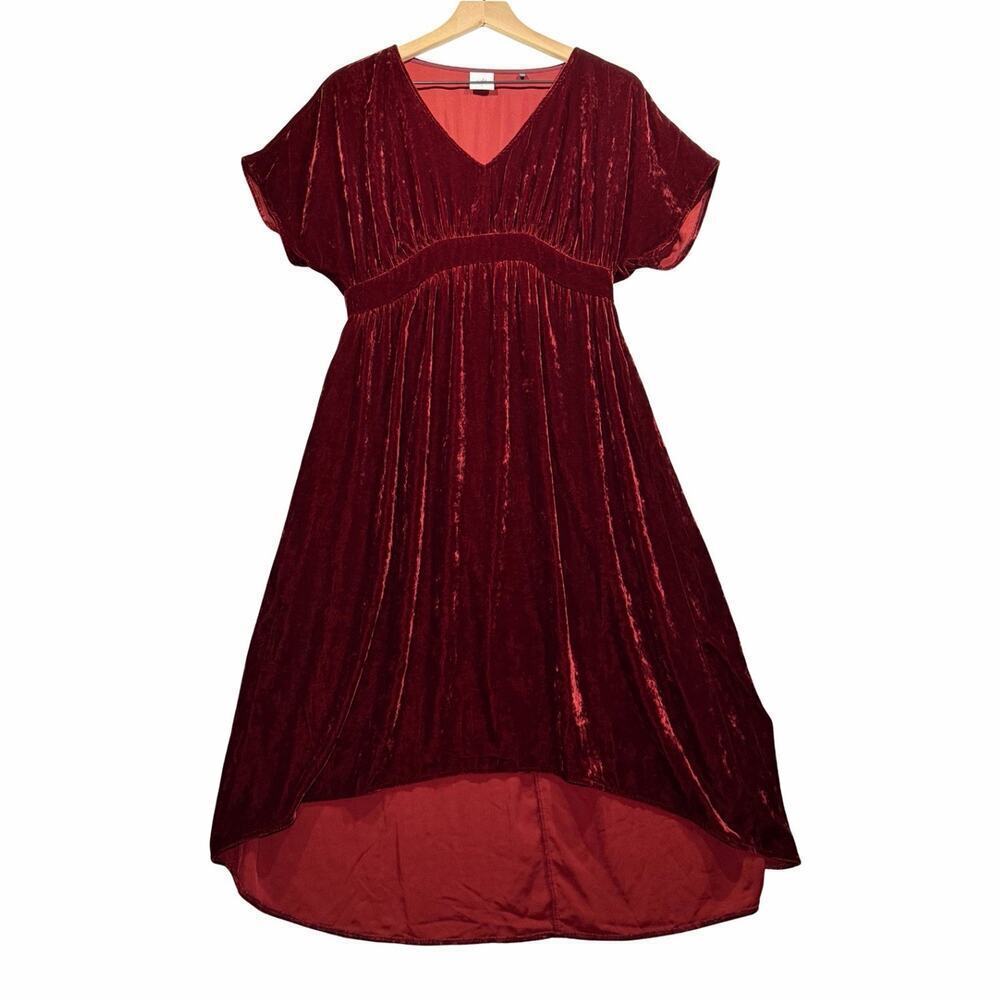 Cabi Wine Red Velvet Tribute V-Neck Flare Midi Grecian Dress High-Low Size S
